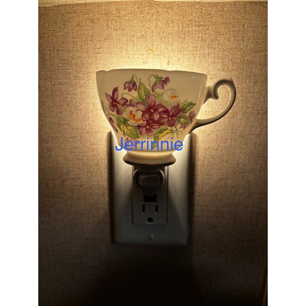 Handcrafted Teacup Night Light Purple Floral Violets Ceramic Plug In Accent Lamp